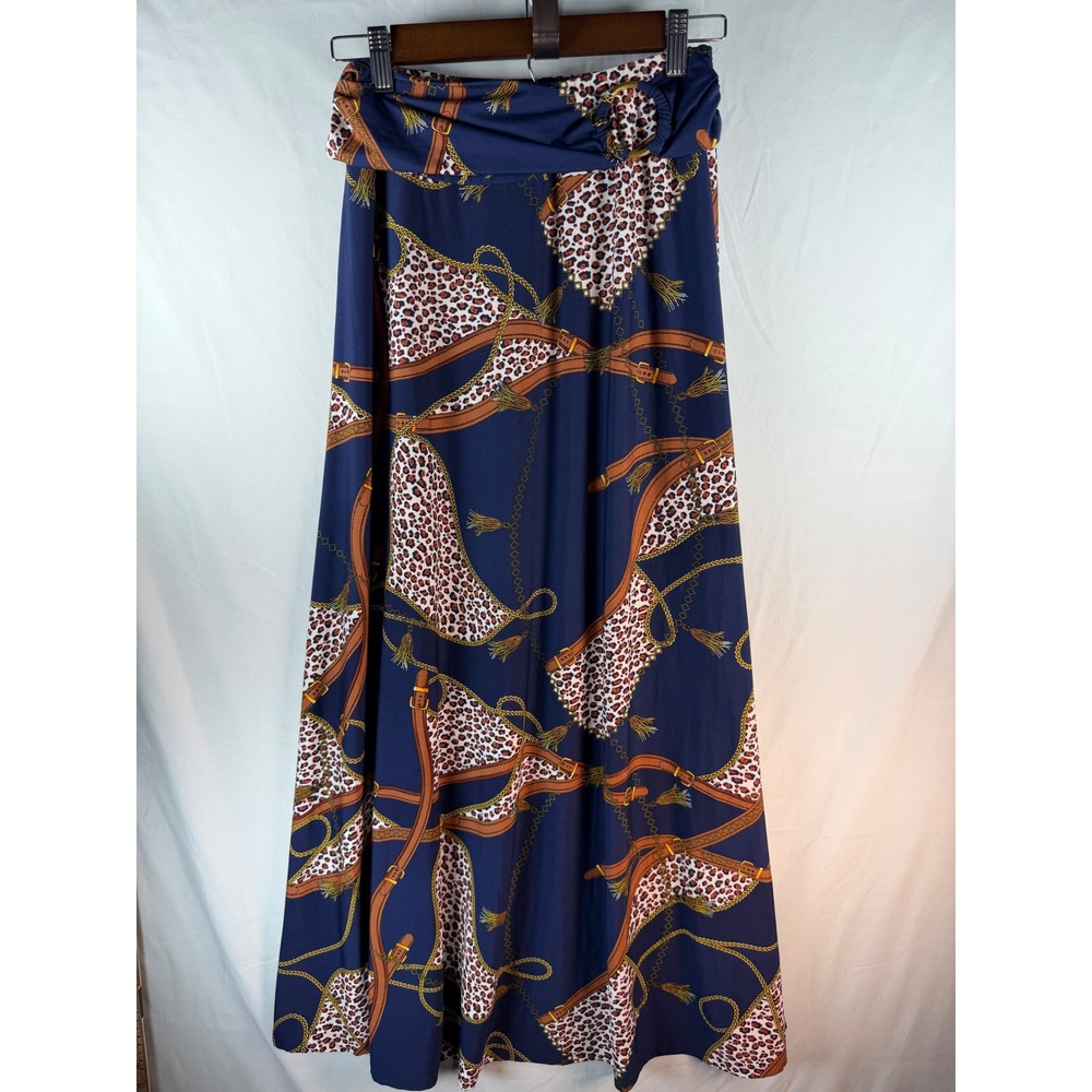 Robert Louis Navy Leopard Equestrian Chain Print Maxi Skirt Gold Ring Detail S